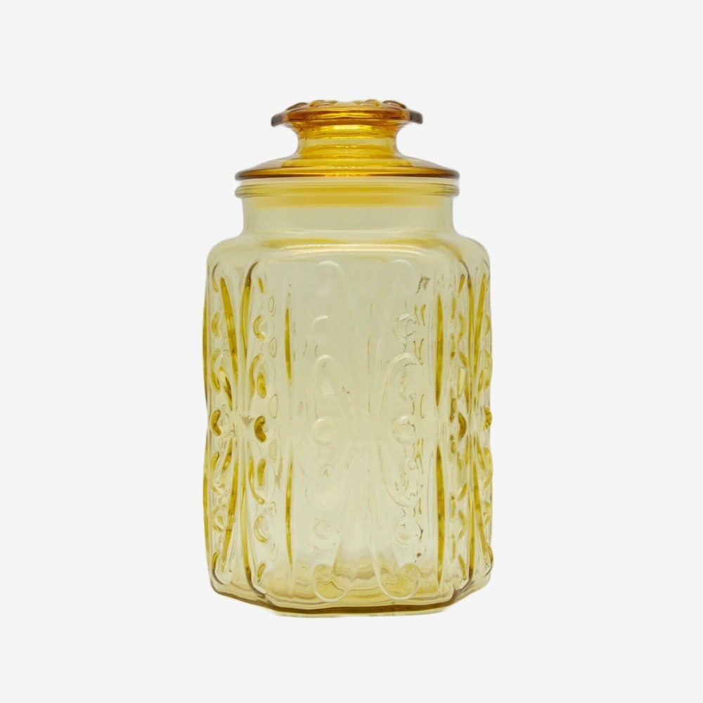 VTG LE Smith 9" Imperial Yellow Apothecary Jar Atterbury Scroll. Mint Condition